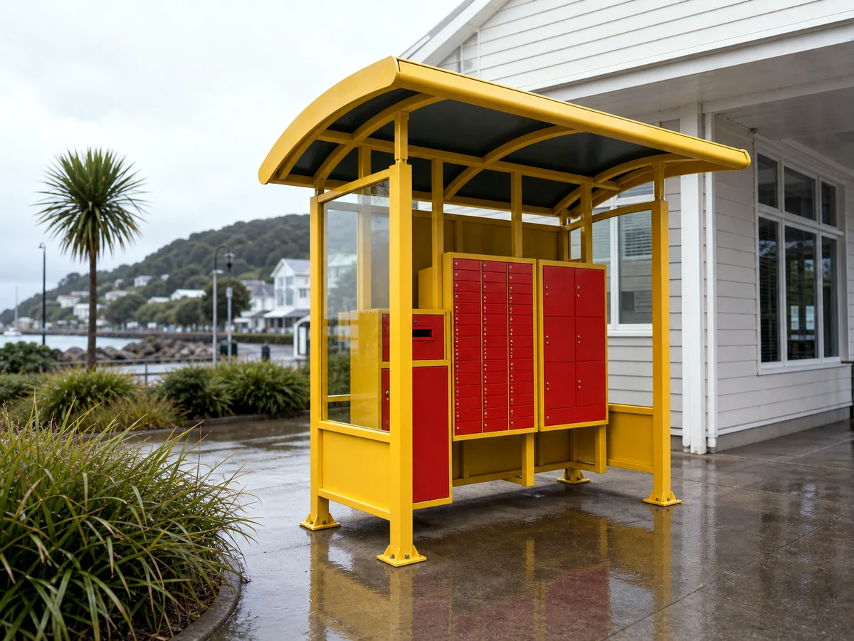 Metal postal service shelter manufactured by HuaSheng for New Zealand's coastal island climate