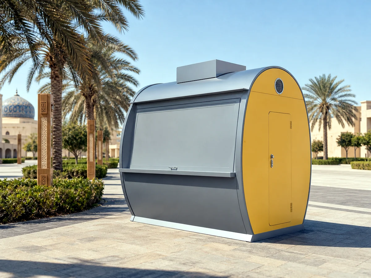HuaSheng public shelter and shading structure installed in Oman's desert environment, with powder-coated metal frame