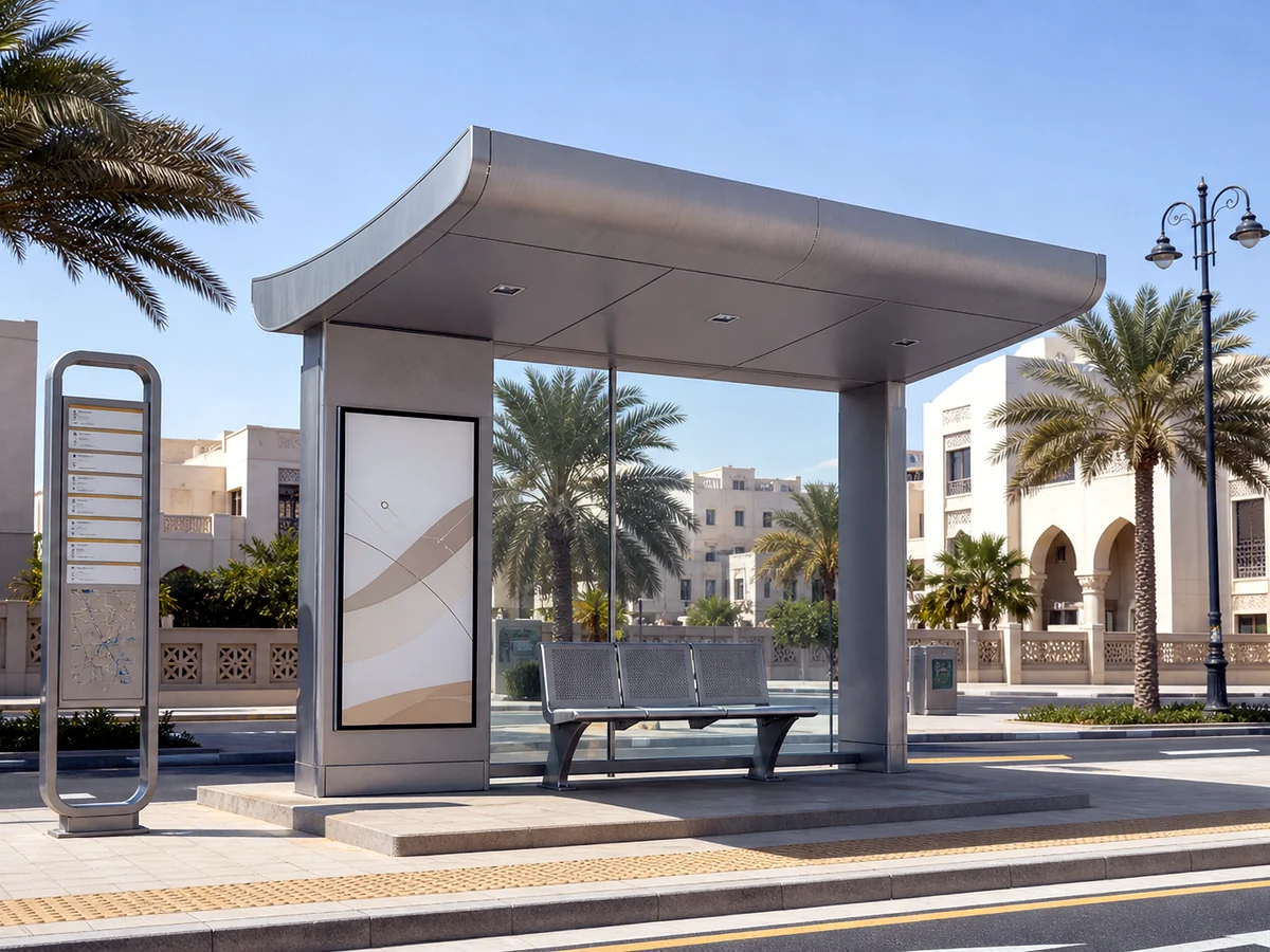 HuaSheng metal bus shelter installed in Doha, Qatar, with shading canopy and integrated advertising light box for extreme Gulf heat