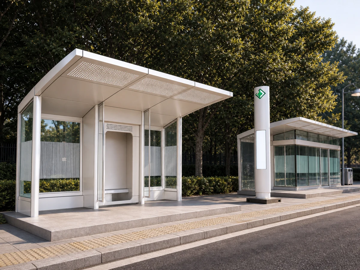 HuaSheng metal bus shelter in Riyadh, Saudi Arabia, with shading canopy, tempered glass enclosure and standalone wayfinding pylon
