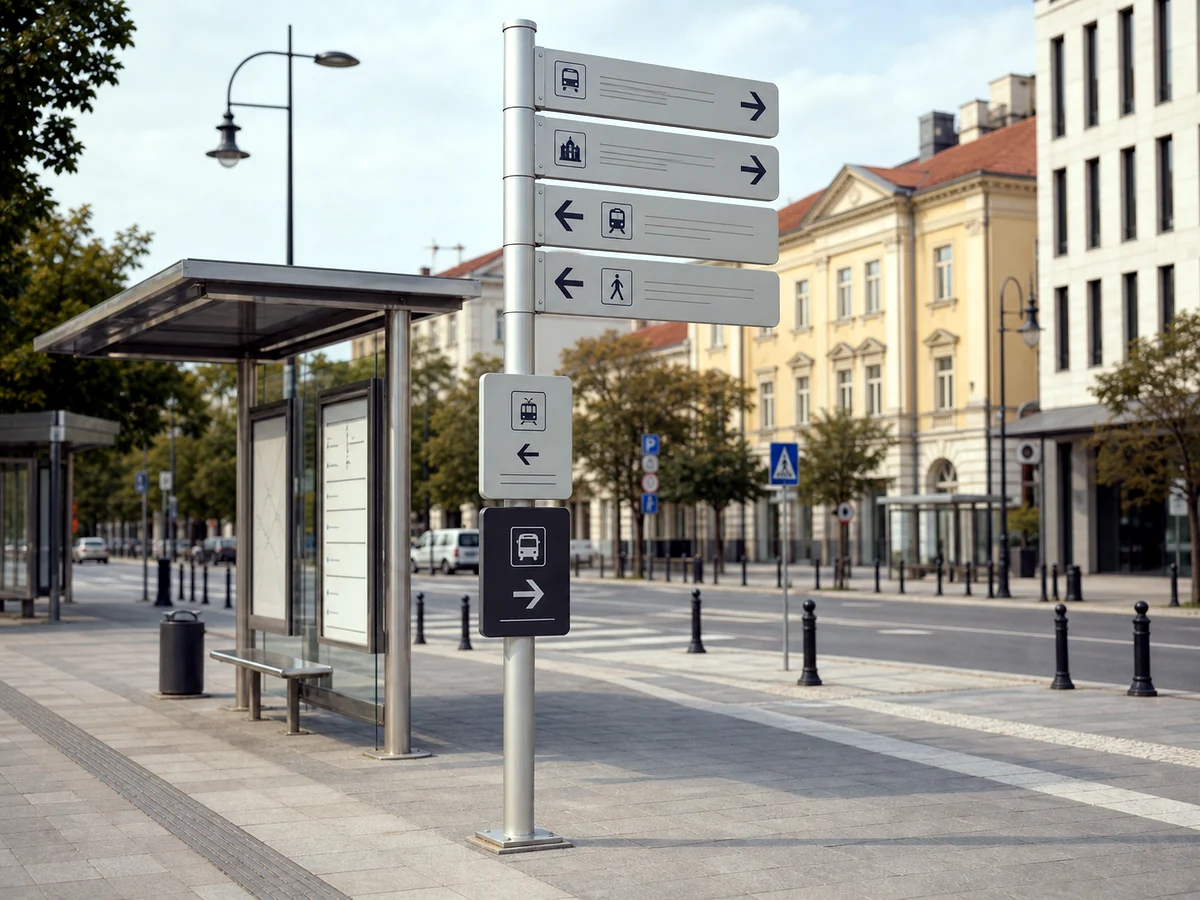 Aluminium wayfinding signpost manufactured by HuaSheng for the Romanian transport system